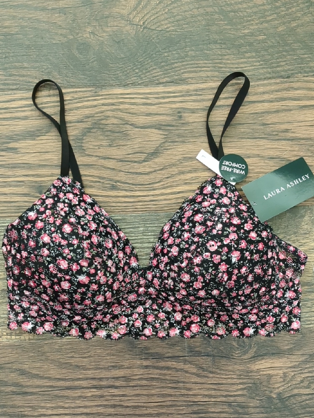 Laura Ashley Black Floral Flower Wireless Bra, Size Large, NEW, NWT
